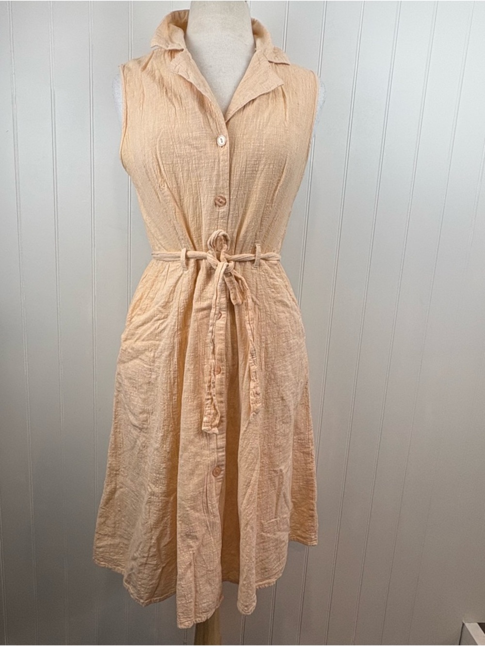 Suzy Shier Peach Cotton Midi Dress Belted Minimalist Summer - Picture 3 of 11